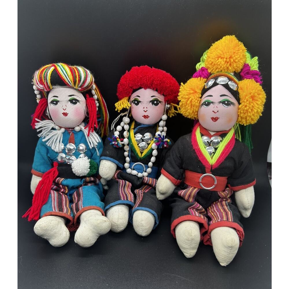Vtg 3 Thailand Hill Tribe Akha Handmade cloth Dolls Traditional Folk Costumes
